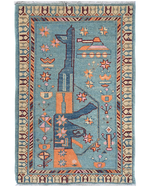 3x4 Blue Kuba Afghan Hand Knotted Wool Area Rug